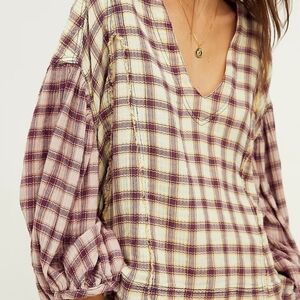 We The Free Plaid Top Fringe Balloon Sleeve Tunic Burgundy bohemian fairy